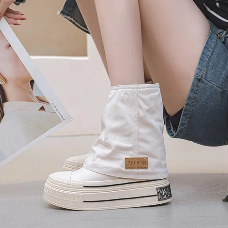 

New Women's Canvas Shoes Fashion Spring Autumn Style Short Boots Thick Heel Inner Heightening 12cm Board Design Sensation Boots
