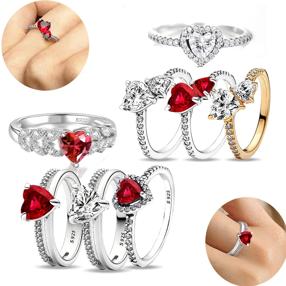 925 Sterling Silver Rings Red Heart Sparkling Wedding Zircons Rings for Women Fashion Fine Weeding Ring Jewelry Luxury Gift