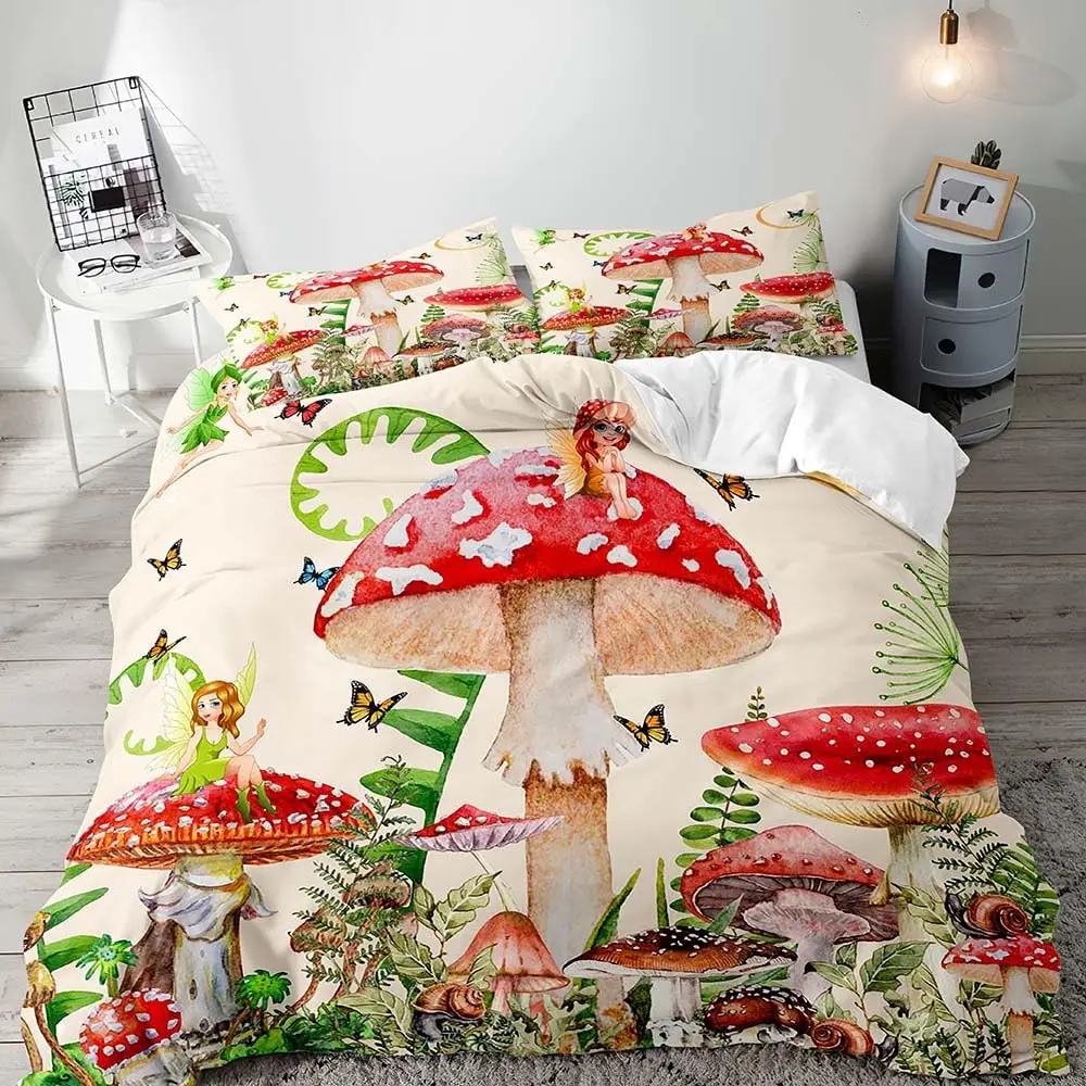 White Mushroom Bedding Set, Duvet Cover Full Size, Green Plant Botanical Comforter Quilt Cover, 2 Pillow Shams for Women Girls