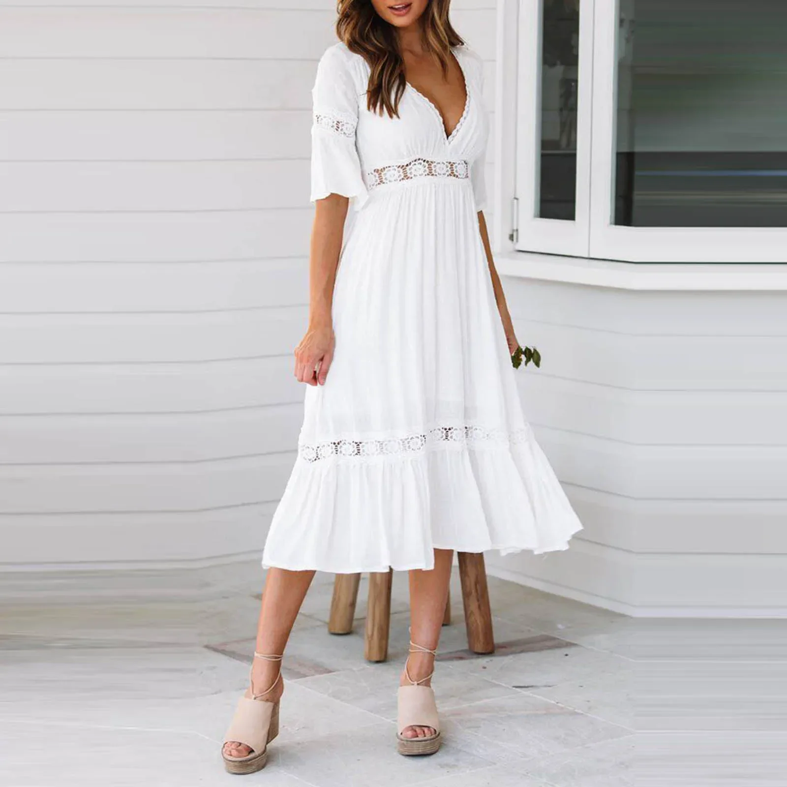 

Luxury Women Elegant Dresses Fashion White Deep V Lace Splicing Comfortable Cool Dress Wedding Party Outfits