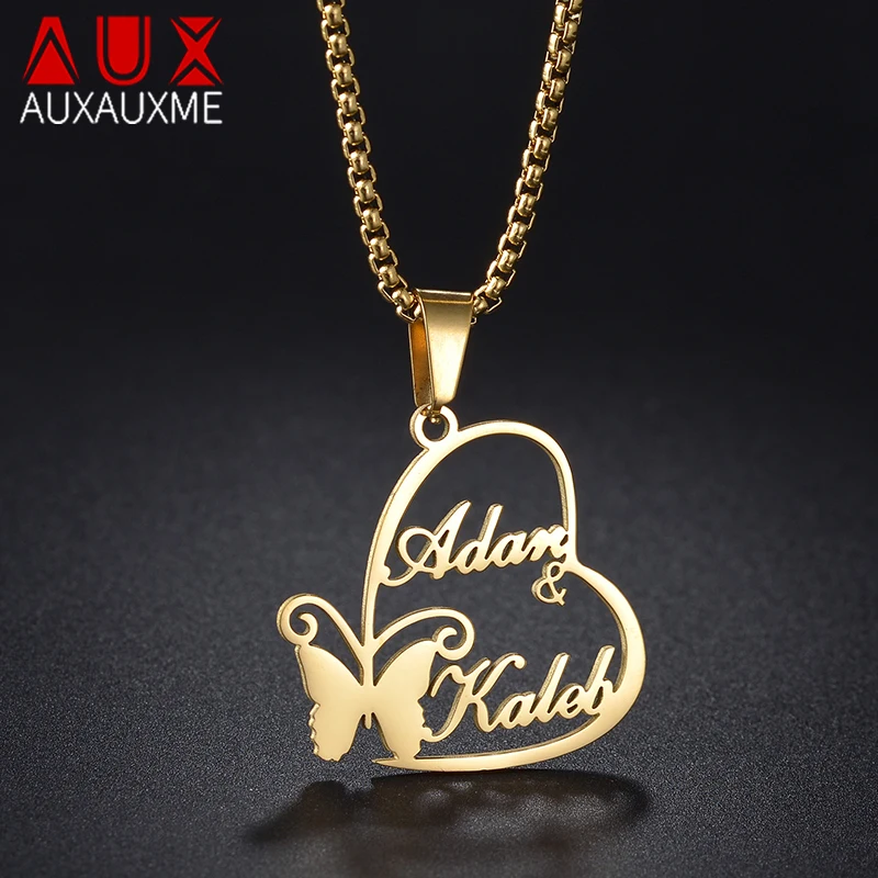 

Auxauxme Custom Butterfly Heart Pendants Necklace Stainless Steel Personalized Nameplate For Mom Women Girl Jewelry Gifts