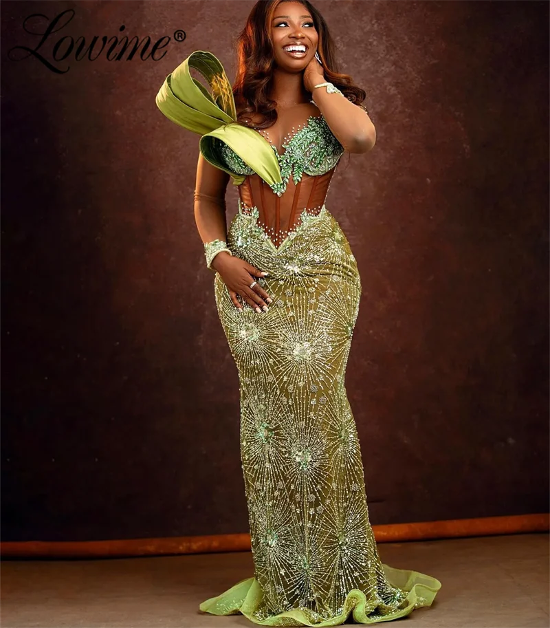 Elegant Green African Mermaid Prom Dress For Black Women 2024 Customize Aso Ebi Long Sleeves Evening Gowns Plus Size Party Dress