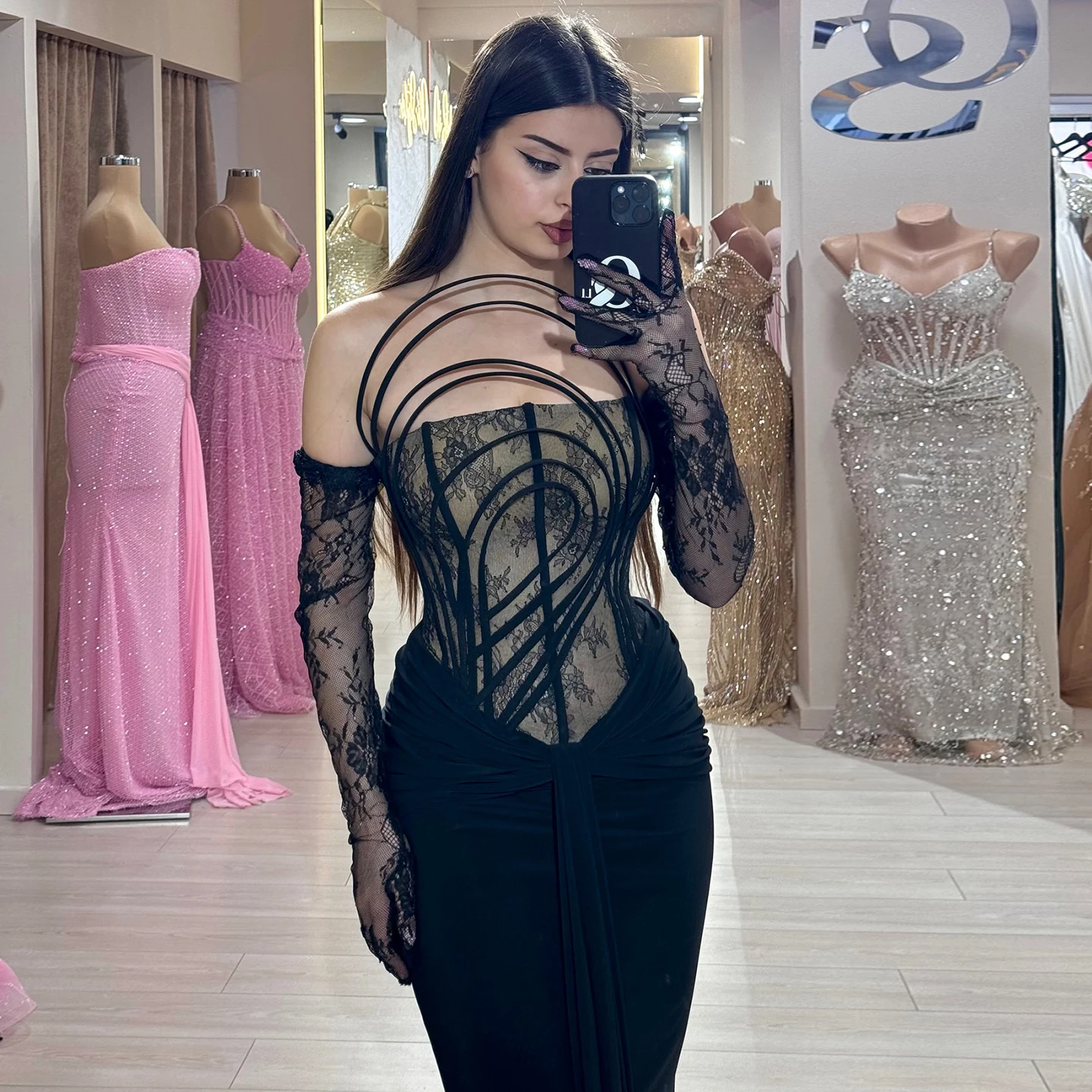 Sharon Said Elegante abito da sera a sirena nera con guanti drappeggiati senza spalline abiti da festa di nozze da donna SF498 personalizzati