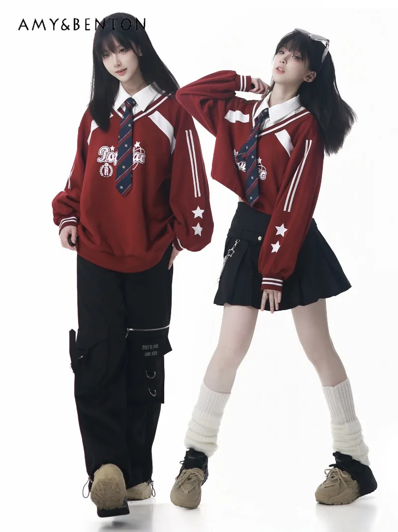 

American Hot Girl Preppy Style Sweatshirt Sports Suit Fake Two Piece Sweatshirt Plaid Casual Trousers Harajuku Style Chic Suit