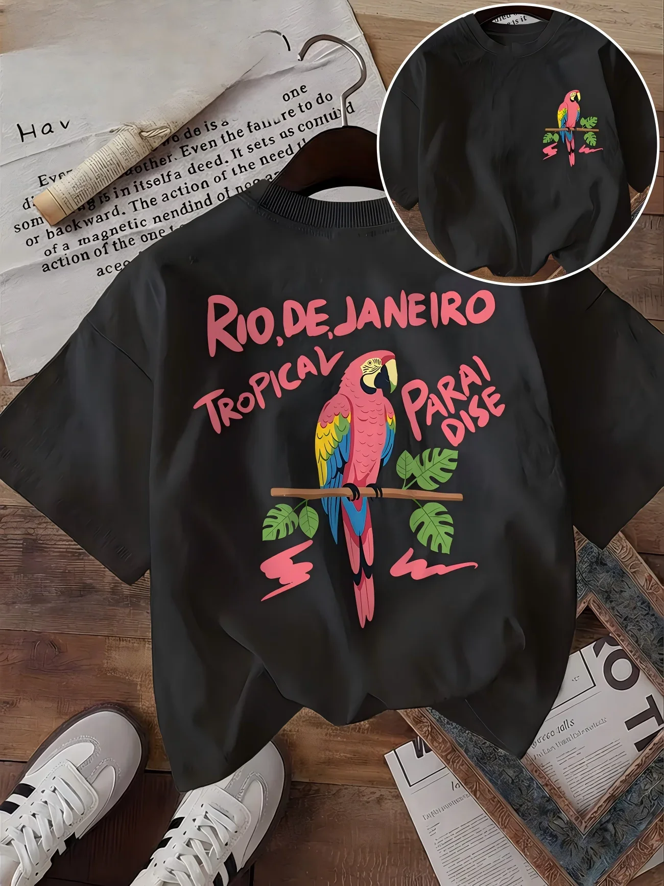 Rio De Janeiro Parrot Graphic T Shirt Tropical Paradise Summer Beach Tops Trendy Aesthetic Casual Short Sleeve Tee Women