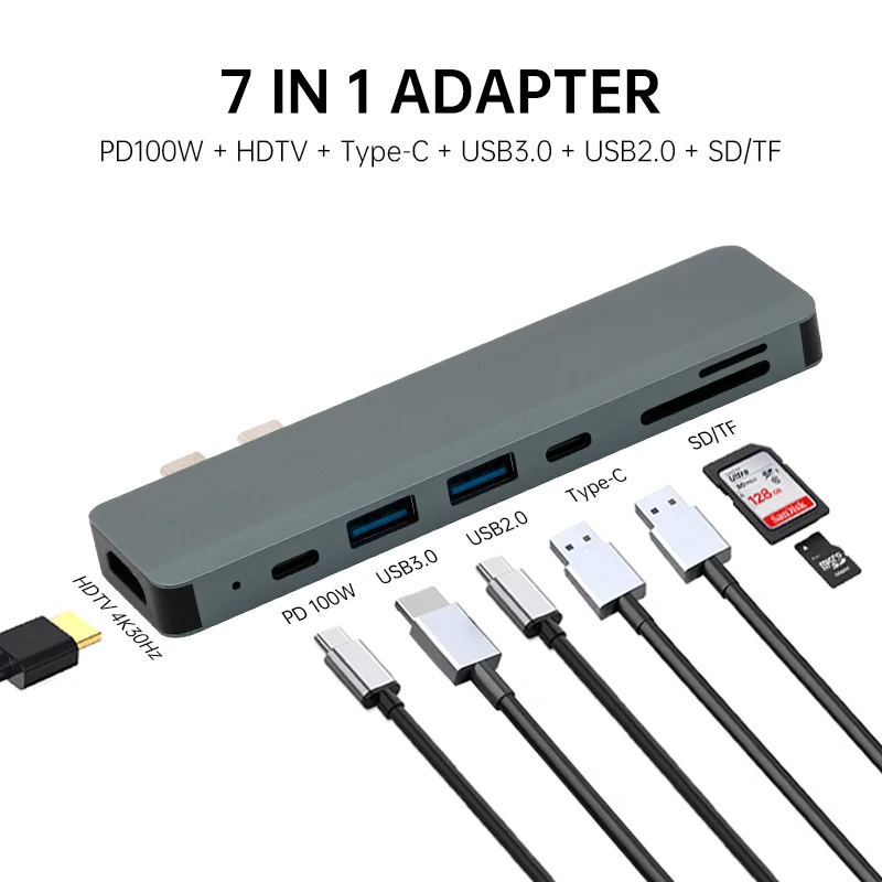 Aluminum 7 in 2 Dual Type-C Hub Multiport Adapter 4K@30Hz HDMI 100W PD Thunderbolt 3 USB3.0 SD Micro SD Card Reader Portable Hub
