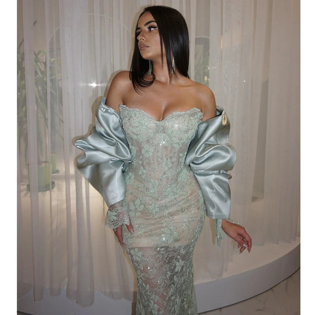 

Sage Lace Mermaid Prom Dresses Customized Satin Wrap Sequined Wedding Party Gown Elegant Beading robes de soirée
