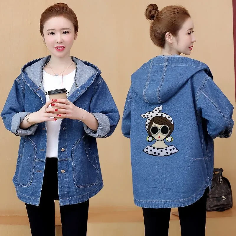 Oversized Denim Jacket Women\'s Hooded Coat Spring Autumn Loose Female Back Printed Jeans Jacket Plus size Casual Student Outwear