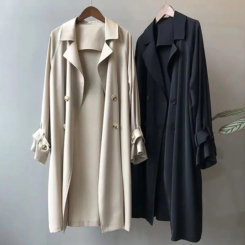 New Fashion Women's Long Trench Coat Spring Autumn Temperament Thin Windbreaker Coat Female Casual Parker Overcoat Apricot Black