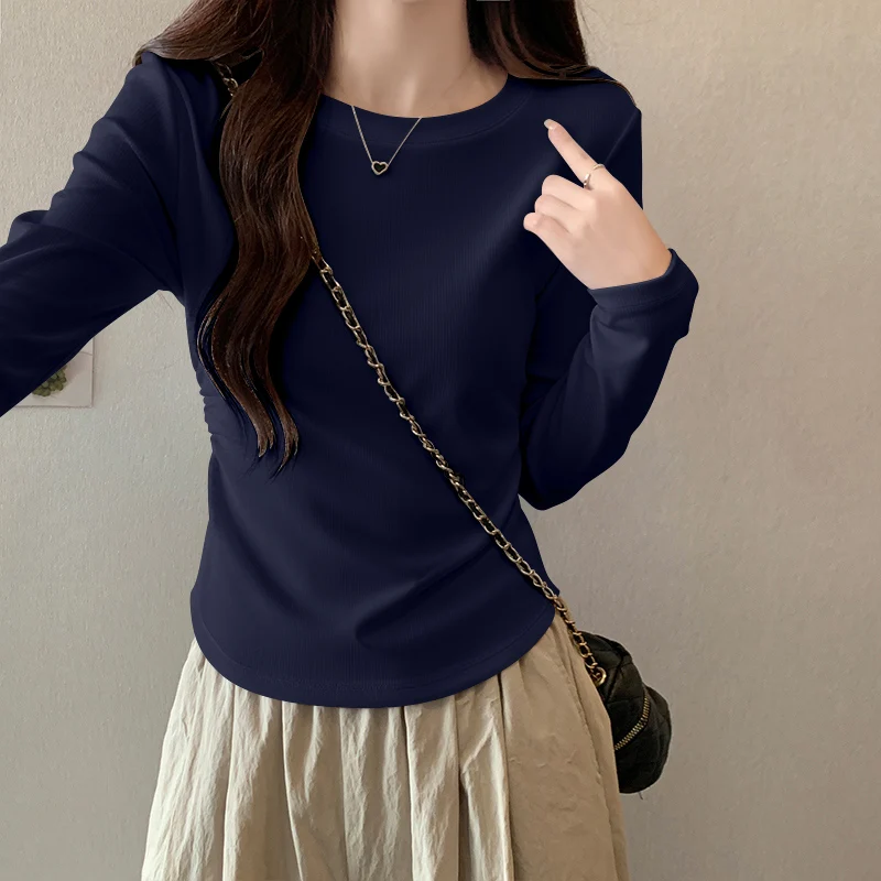 

Модный женский топ Long Sve Base irt, весенне-осенний повседневный облегающий топ с завязкой на талии, обычный тонкий круглый Ne