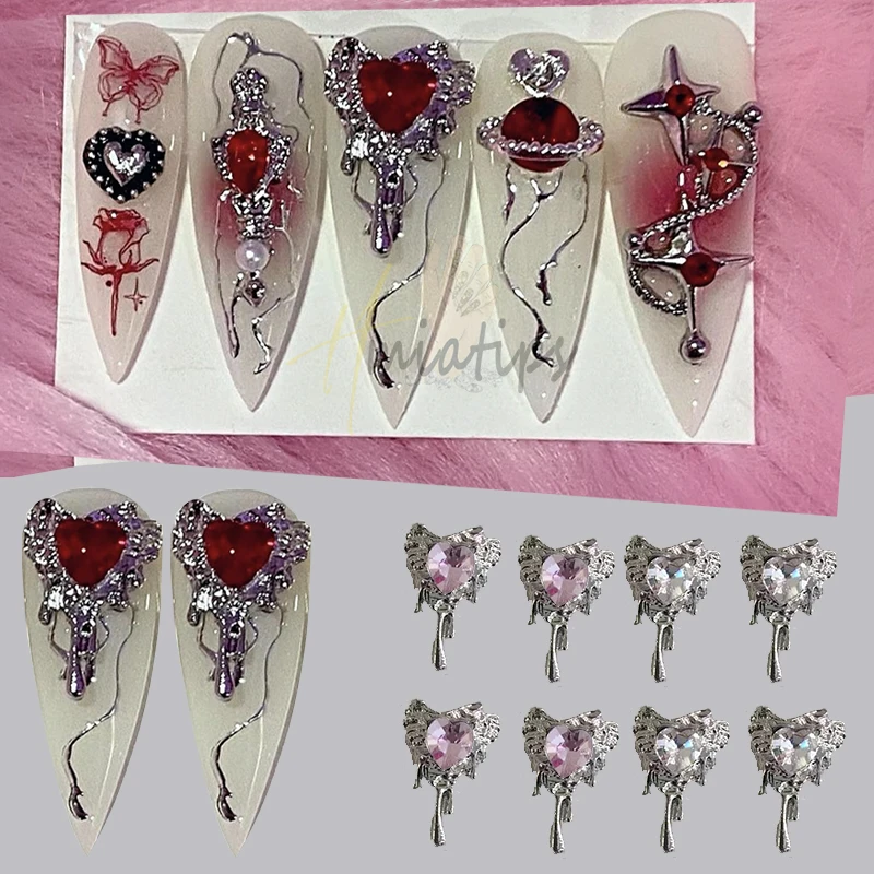 10pcs cuore Nail Charms strass Charms 3D metallo Nail Gems gioielli Crystal Punk Heart accessori per Manicure