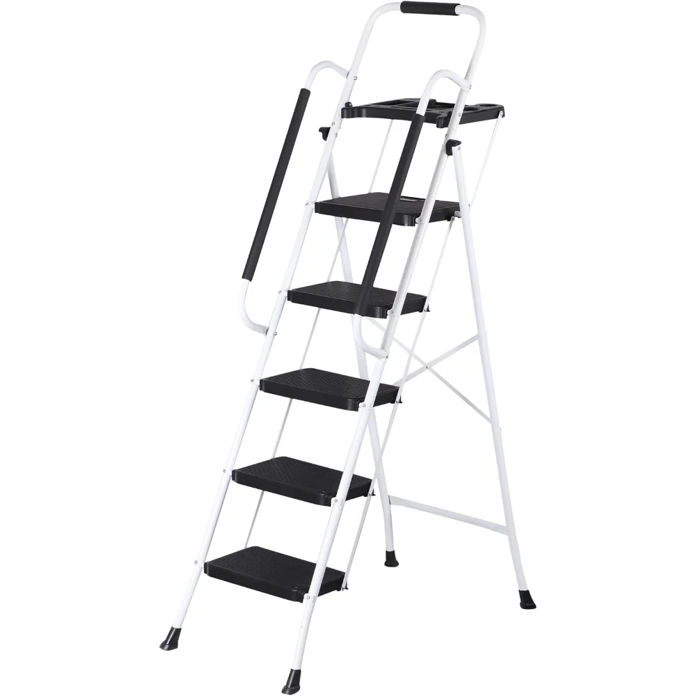 

5 Step Ladder with Handrails and Tool Tray, Folding Step Stool with Wide Anti-Slip Pedal, Heavy Duty Steel Step