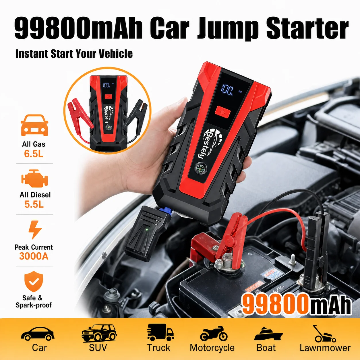 New 12V Car Jump Starter 99800mAh 3000A Portable Battery Starter Car Battery Starter with Power Bank LED Light Petrol Diesel Car