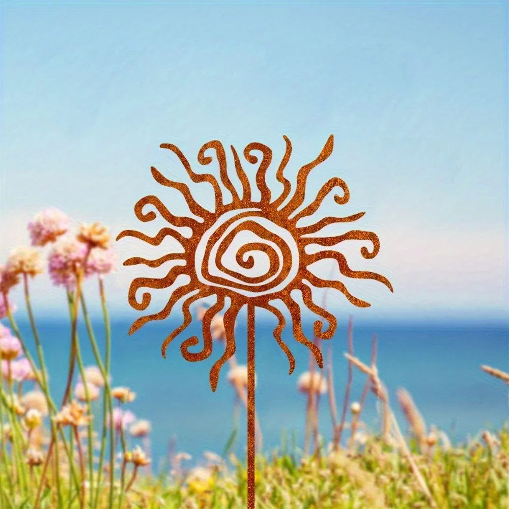 Rusty Wrought Iron Sunburst Garden Stake – Vintage Metal Yard Decor for Lawn, Planter & Fence – Durable Outdoor Art