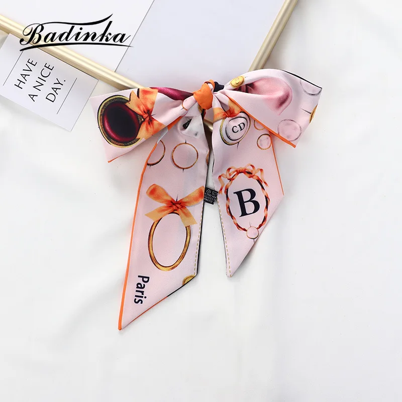 2022 New Designer Initial Letter Printed Silk Hair Bandana Scarf Tie Women Vintage Long Skinny Bag Accessories Scarfs for Ladies