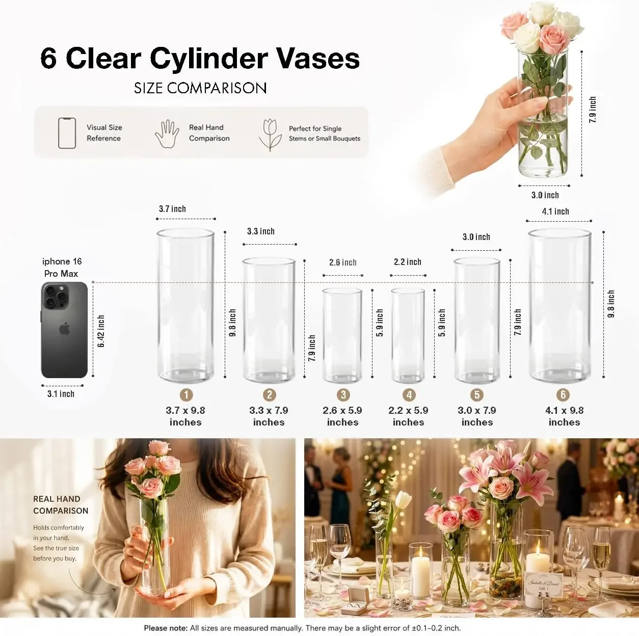 72pcs Big Glass Cylinder Vases 6,8,10 Inch for Centerpieces, Clear Flower Vases for Wedding Decorations and Indoor Home Decor, H