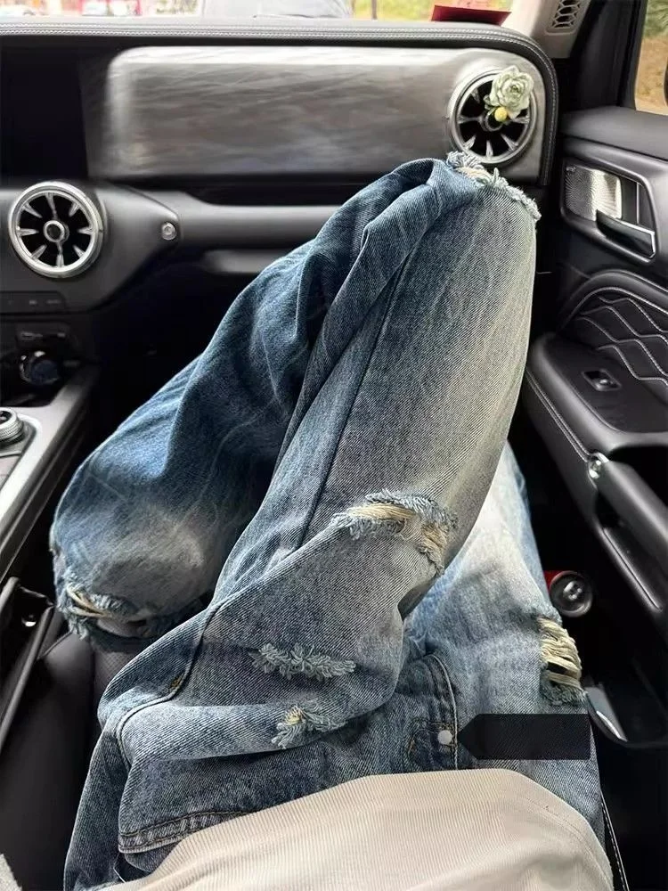 

Джинсы-клеш с синим узором «Молния», повседневные летние свободные джинсы унисекс, рваные прямые джинсы с эффектом потертости, для подростков, утягивающие фигуру