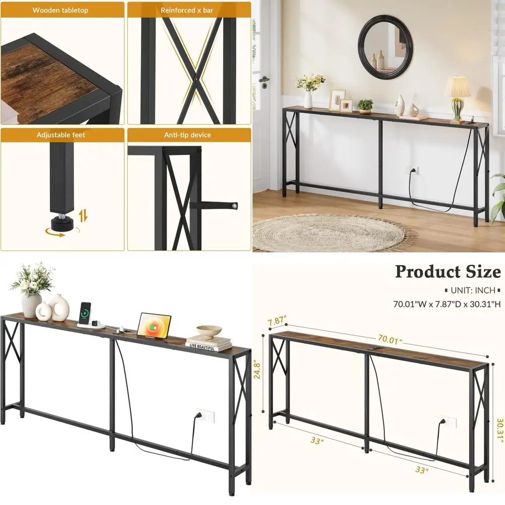 

70 Skinny Sofa Table with Outlets & USB Ports for Hallway, Entryway, Living Room, Bedroom - Rustic Brown