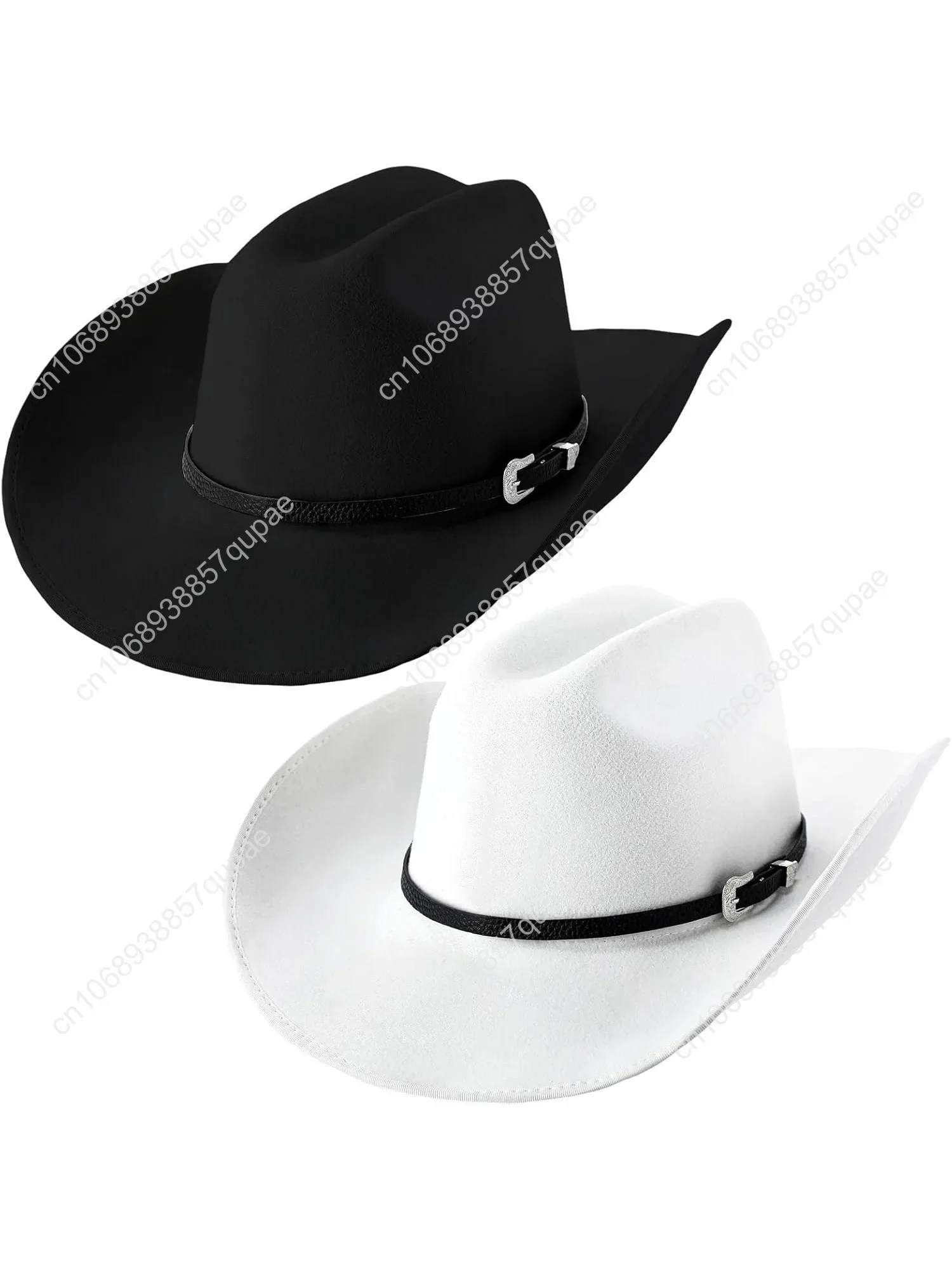 

2 Packs Cowboy Hat for Men Women with Shapeable Wide Brim Buckle Belt Western Felt Cowgirl Hats in Black and White