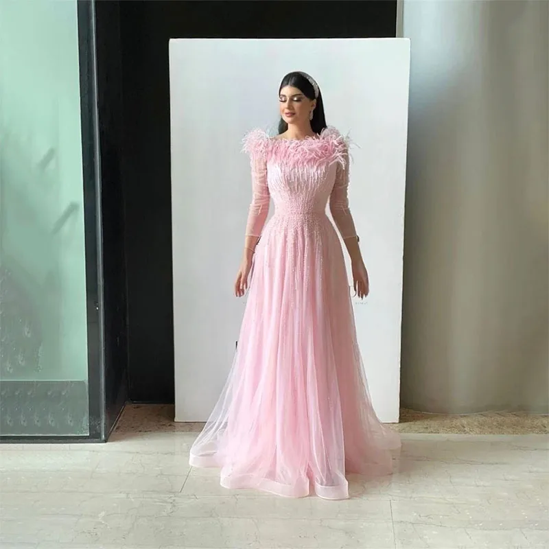 

Luxury A-line Feathers Tulle Women Formal Evening Dresses Pink Floor-Length Prom Gowns for Birthday Party Dress 2024 Arabia