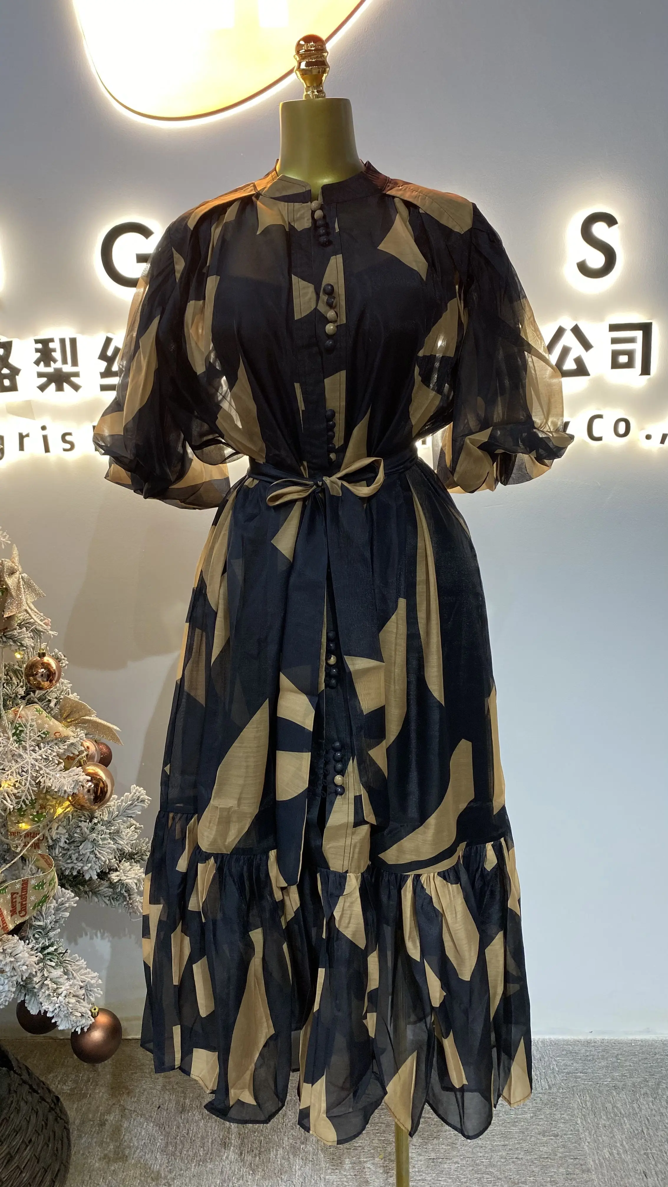 

2025 summer spring new fashion design women's catwalk powder puff sleeves retro print flower casual dress-GZMM321