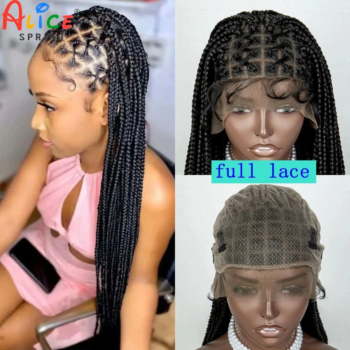 Full Lace Cornrow trançado peruca para mulheres negras, 36 ", sintético, cabelo do bebê, sem nós, tranças dianteiras, Wi