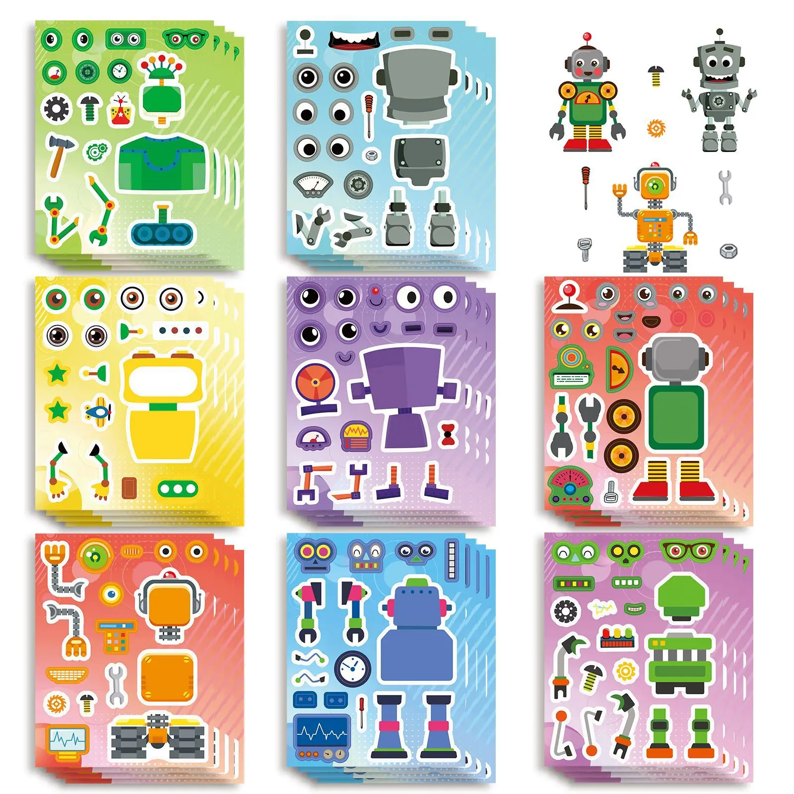 8/16Sheets Cute Robot Make a Face Puzzle Stickers Parent-Child Interactive Educational Games  Children's Party Decoration Gifts