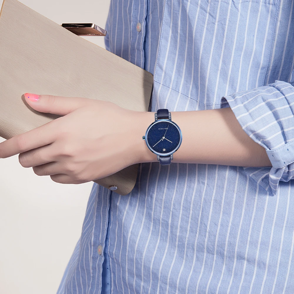 MINI FOCUS MF0159L Women Luxury Watch Diamonds Design Blue Genuine Leather Strap Waterproof Ladies Quartz Watches