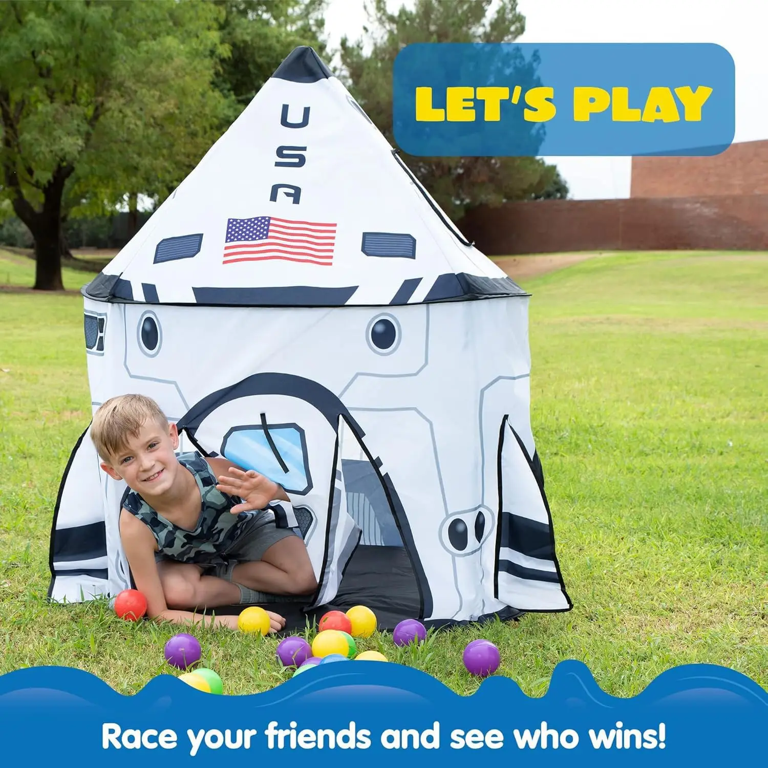 JOYFY Tenda da gioco per nave a razzo Tenda da gioco pop-up per bambini Set di tende da gioco per astronave per interni ed esterni