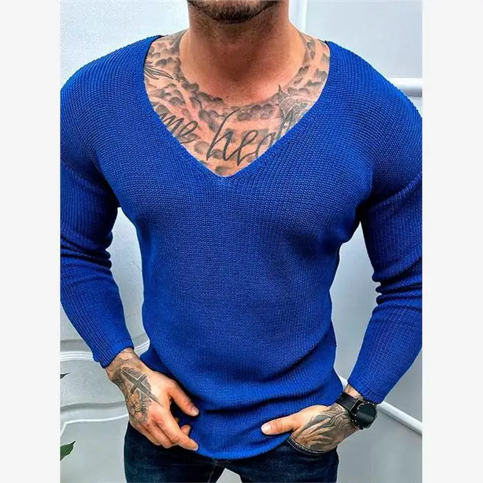 

Лето 2024: Мужской вязаный джемпер с V-образным вырезом, тонкий базовый слой, большие размеры, прямой крой, повседневная модная трикотажная одежда