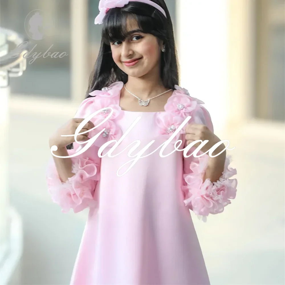 Classic Flowers Long Puff Sleeve A Line Applique Flower Girl Dress Ankle Length Formal Elegant Flower Girl Gown Customized 2025