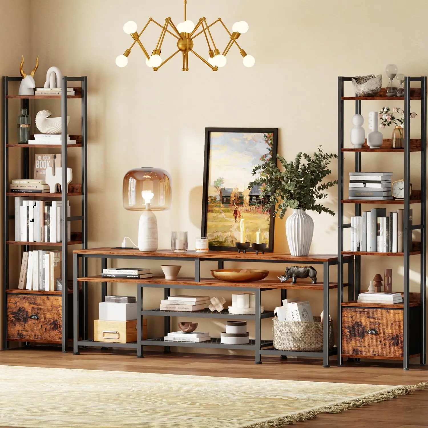 Furologee Book Shelf Set of 2, 6 Tier Tall Shelf with Drawer, Bookshelves and Bookcases Set of 2, Industrial Display Shelving Un