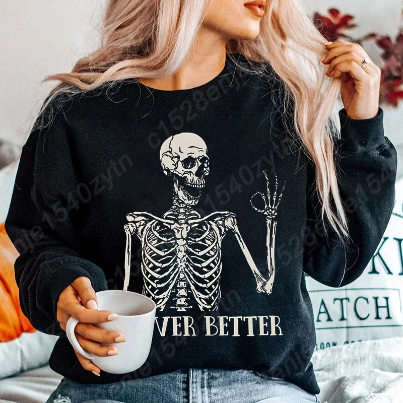 

Women's Halloween Skull Print Sweatshirt, Vintage Casual Oversized Long Sleeve Top Crew Neck, Never Better Print Pullovers