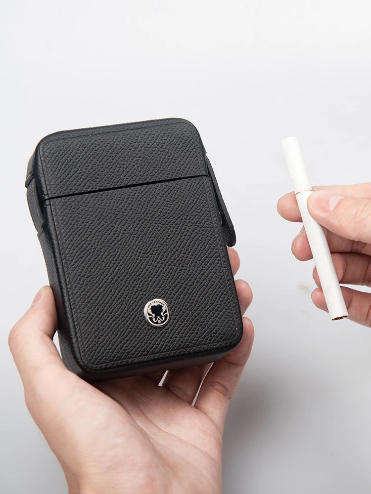Handmade Cowhide Leather Cigarette Box Lighter Double-position for Men 20-Stick Holder Portable Creative Gift