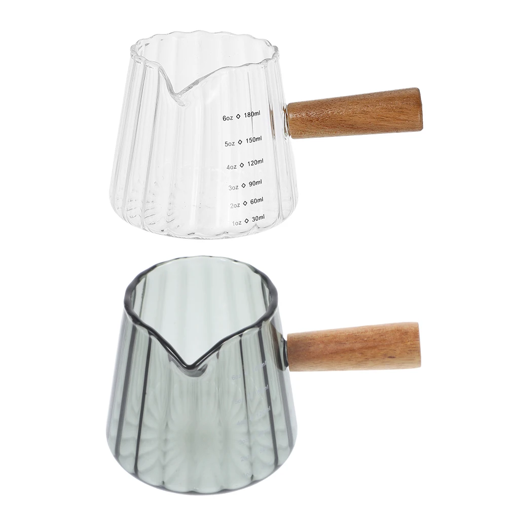 

2pcs Clear Glass Frothing Pitcher Wooden Handle Espresso Cup Milk Measuring Graduated Small Creamer Cups Heat Resistant