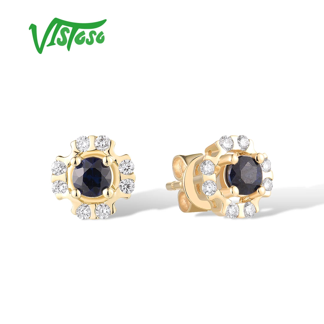 

VISTOSO Аутентичные серьги-гвоздики из желтого золота 14 карат 585, серьги-гвоздики для женщин, сверкающие бриллианты, синий сапфир, лаконичные свадебные ювелирные украшения
