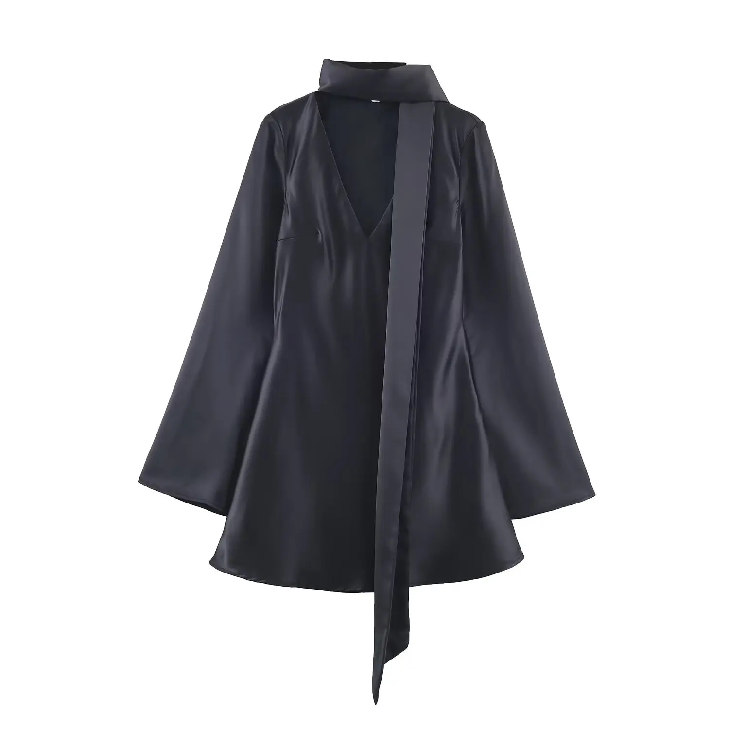 New Spring Autumn Elegant Lacing Up With Scarf V Neck Satin Dress Women Flare Long Sleeve A-line Mini Dresses Femme Vestidos