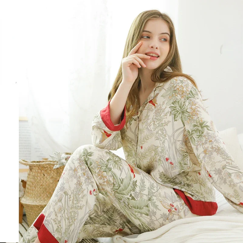 

Fashion Artificial Cotton Women's Long Sleeved Pajamas Loose Color Blocked Lapel Home Clothes Casual Satin Grass Print Set