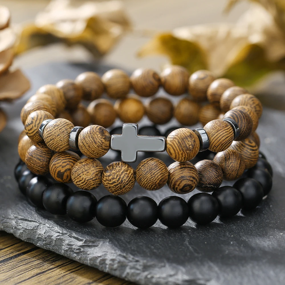 Fashion Personality Retro Jewelry Black Gallstone Cross Wood Beads Personality Bracelet Men's Elastic Bracelet 3-Piece Set