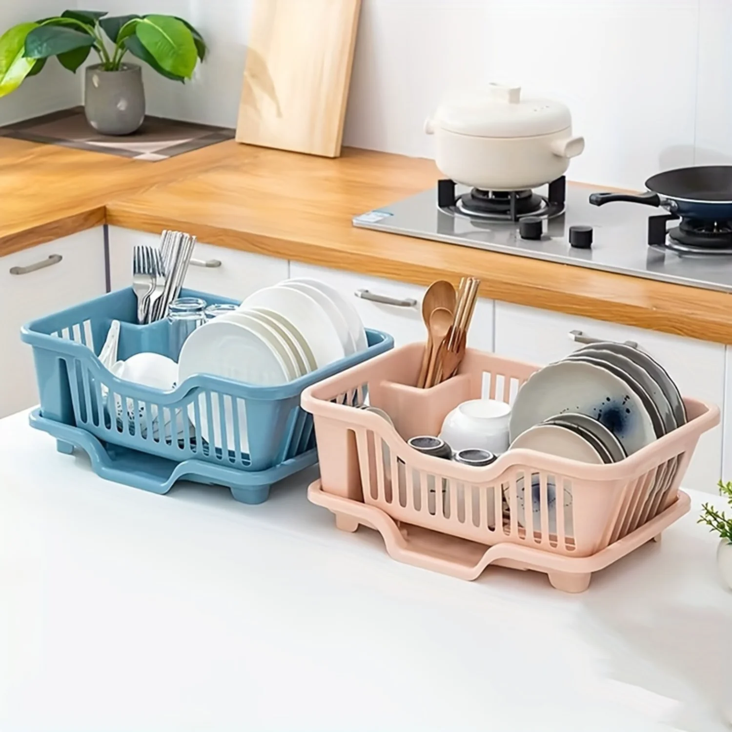 

1pc Plastic Dish Rack with Draining Board – Multifunctional Double-Layer Kitchen Colander Basket for Vegetable & Fruit Washing