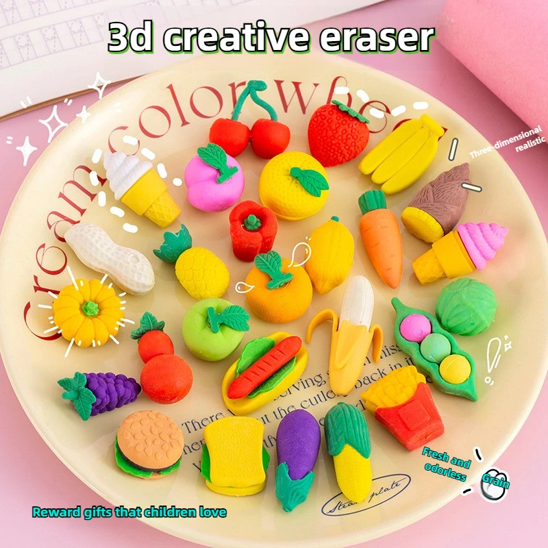 

Creative 3D Eraser Set for Kids Early Learning Stress Relief Fun Food Shaped Erasers Stationery korean stationery