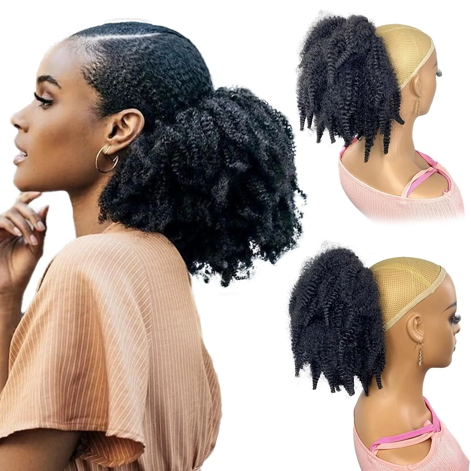10inch Short Marley Hair Drawstring Ponytail Black 4C Afro Puff Bun Braiding Ponytail Hair with Clips Synthetic Afro Kinky Curl