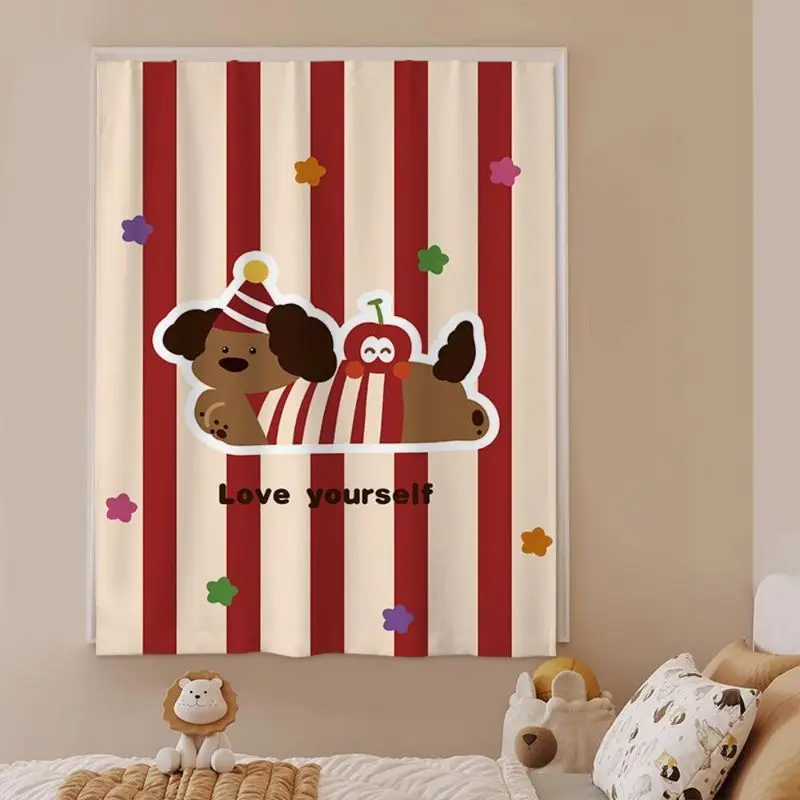 VIKAMA Cute Puppy Pom Pom Dot Print Kids Window Curtain Nursery Decorative Drape for Boys Girls Bedroom Hanging Decor