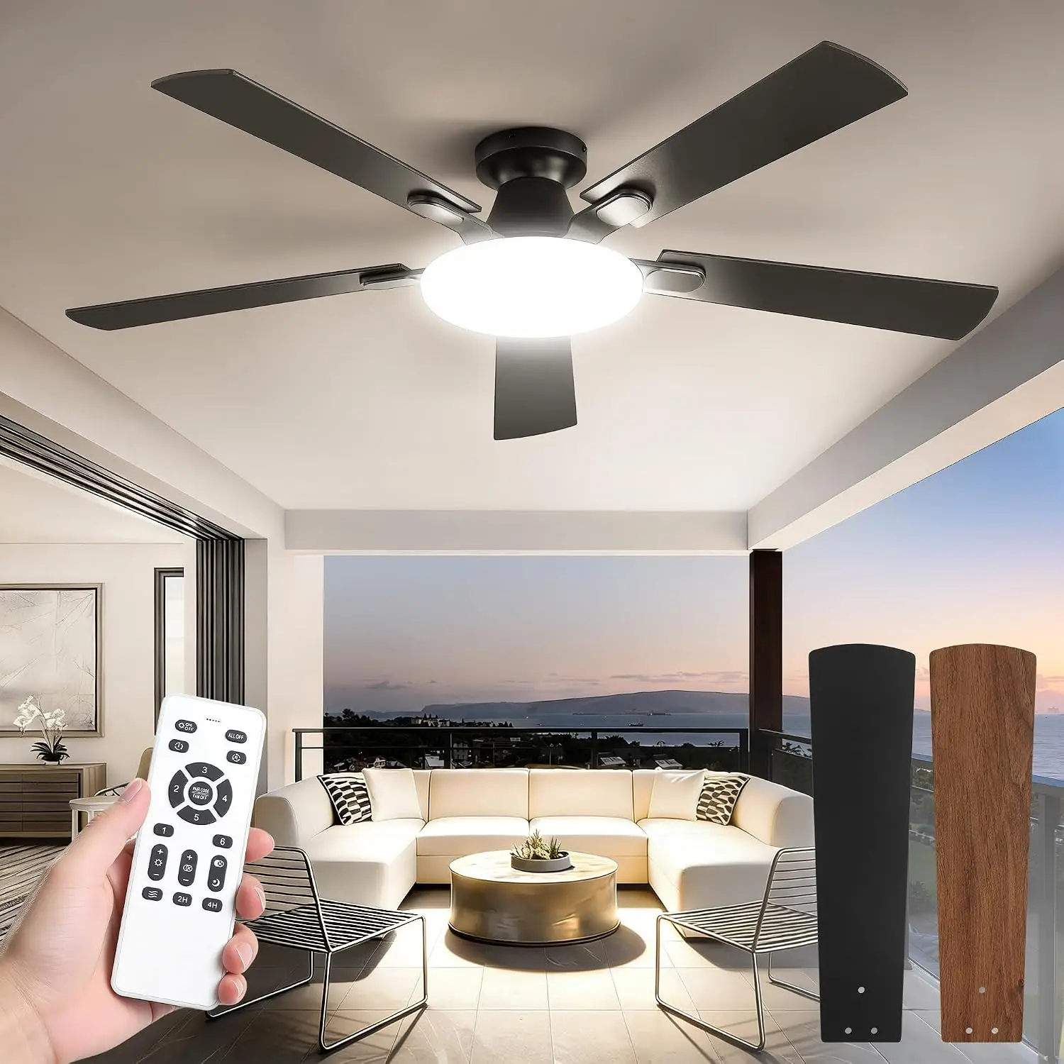 52" Ceiling Fan with Light and Remote, 30W LED Panel, 6-Speed Quiet DC Motor, Reversible Blades for Bedroom Living Room Patio
