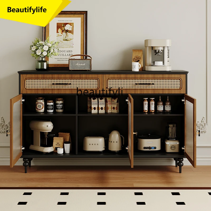 

A57 Medieval style dining side cabinet small apartment living room wall integrated locker retro rattan tea cabinet