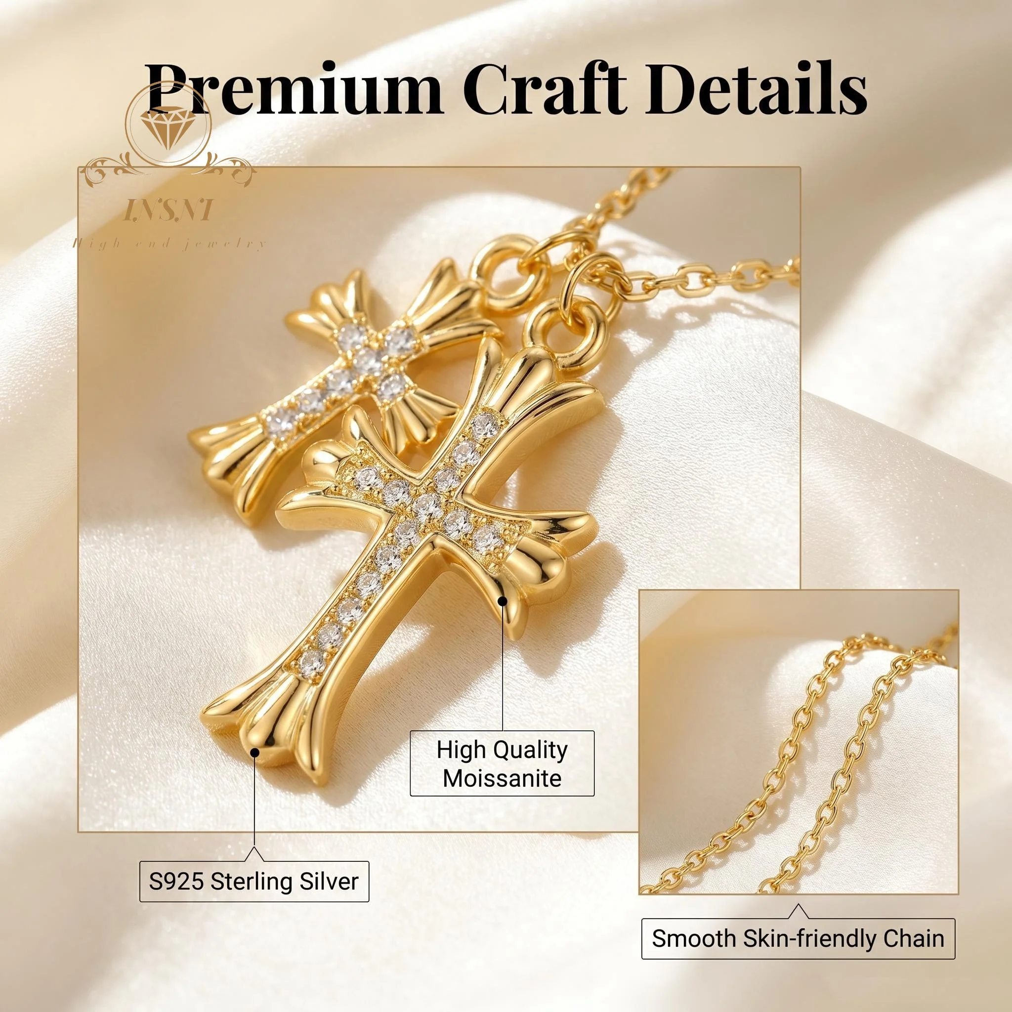 Diamond-encrusted Moissanite Double Cross Pendant for Men and Women Personalized Couple Necklace S925 Sterling Silver Jewelry