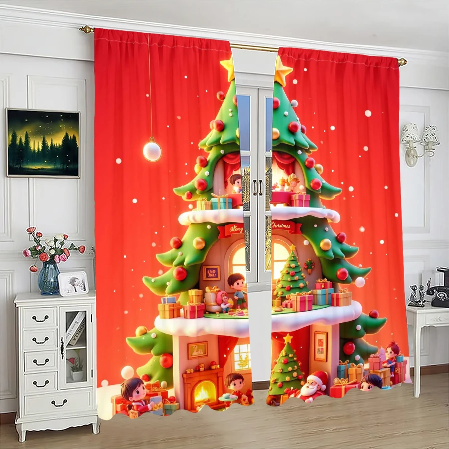 2PCS- Christmas Santa Claus Christmas tree pattern printed curtains, Christmas decorations, home decorations, room decorations