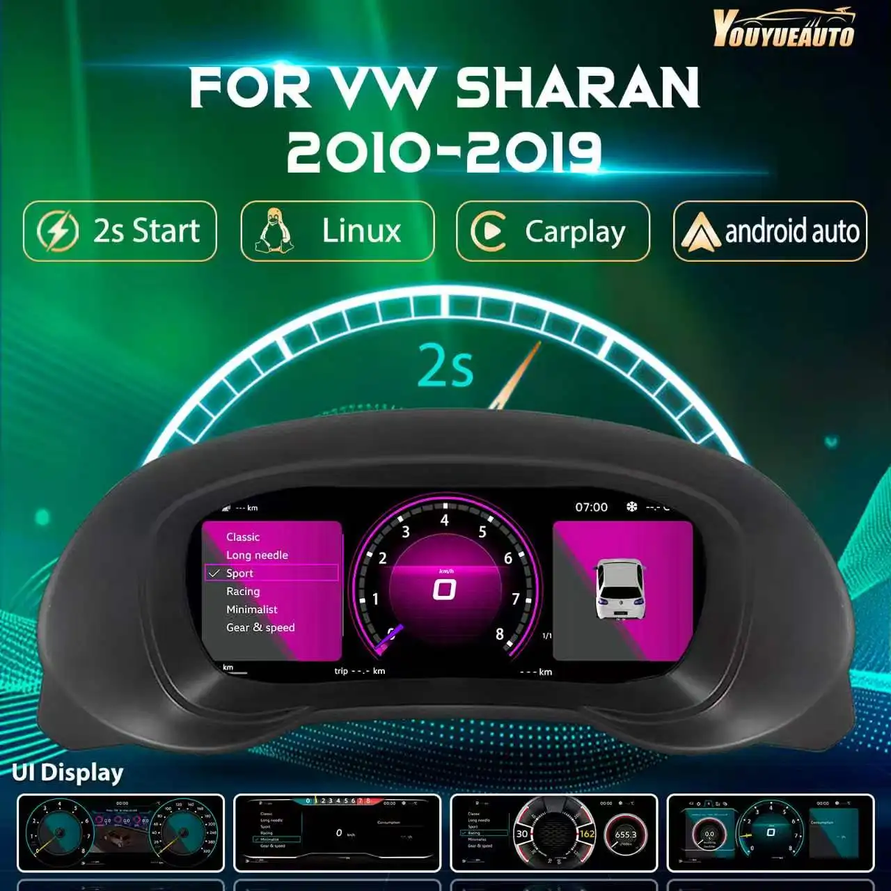 Cruscotto Digitale LCD da 10,25'' per VW Sharan Anni 2010-2019, Pannello Strumenti con Navigazione