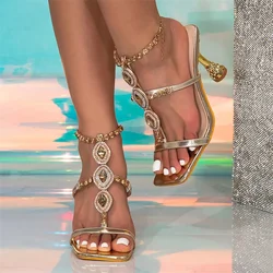 Eilyken Fashion Golden Crystal Metal Chain Buckle Strap Women Sandals Sexy High Heels Square Toe Banquet Party Summer Shoes