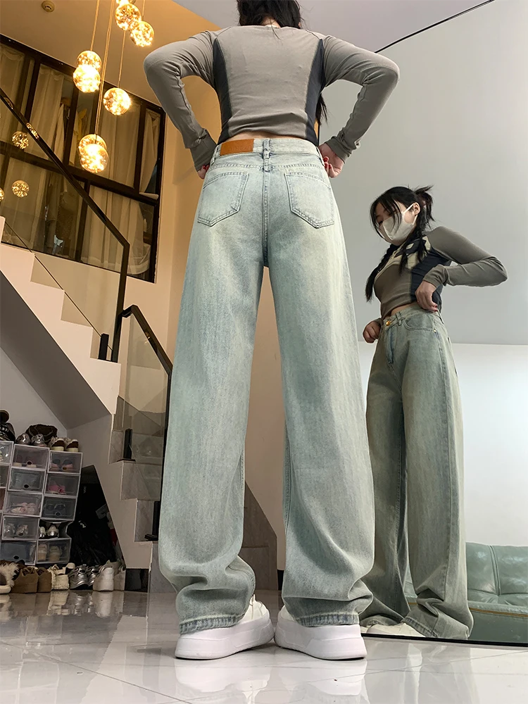 Jeans blu a gamba larga a vita alta Pantaloni larghi dritti al pavimento da donna Primavera 2025 Casual Sle Miscela di cotone antirughe